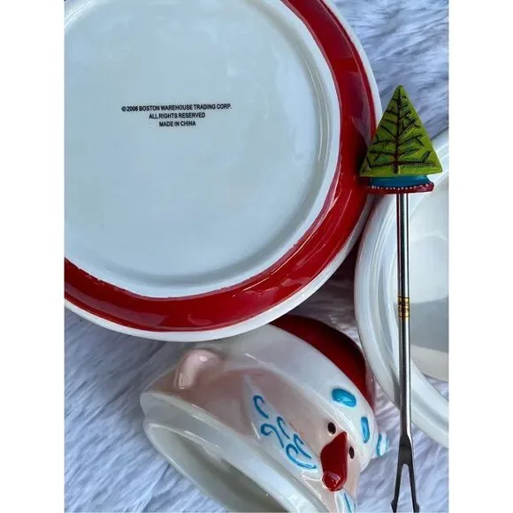 NIB NEW Boston Warehouse 7 PC HO HO HO Ceramic Santa Clause Fondue Set - Picture 12 of 14